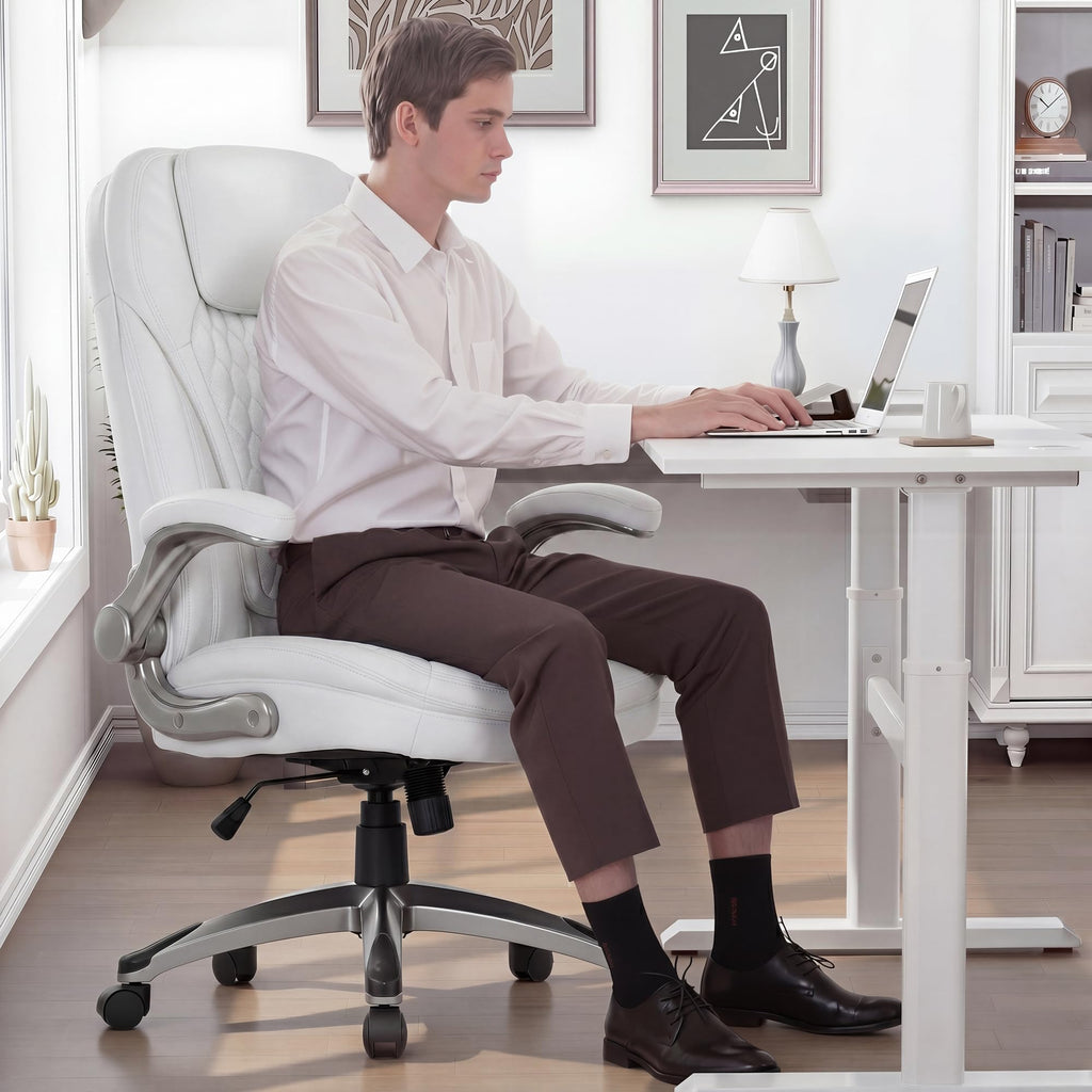 COLAMY High Back Executive Office Chairs, Ergonomic PU Leather Desk Chairs with Flip-Up Armrests, Adjustable Height, Lumbar Support, Comfortable Computer Chairs for Home Office, Set of 2