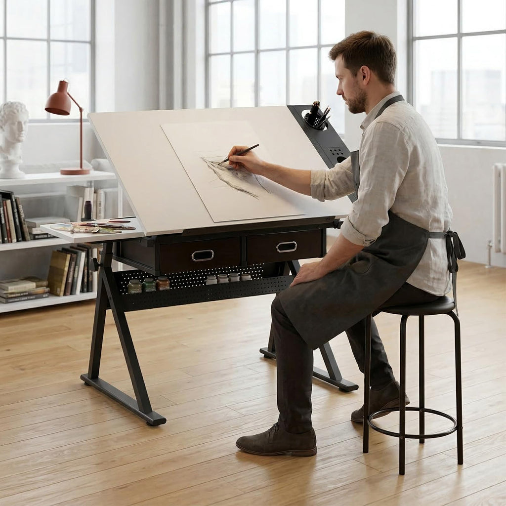 Drafting Table and Stool Set for Adults/Artists, Drawing Table with Adjustable Tabletop and Height, Art Workstation for Painters Crafting Reading Writing Home Office, All White