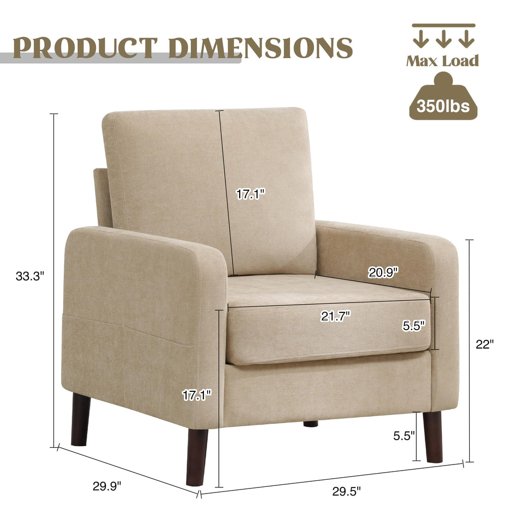 Accent Chair Set of 2, Upholstered Living Room Chairs with Wood Legs and Side Pockets, Modern Reading Chair for Bedroom, Armchair Single Sofa Side Chair for Office, Small Room, Dark Grey