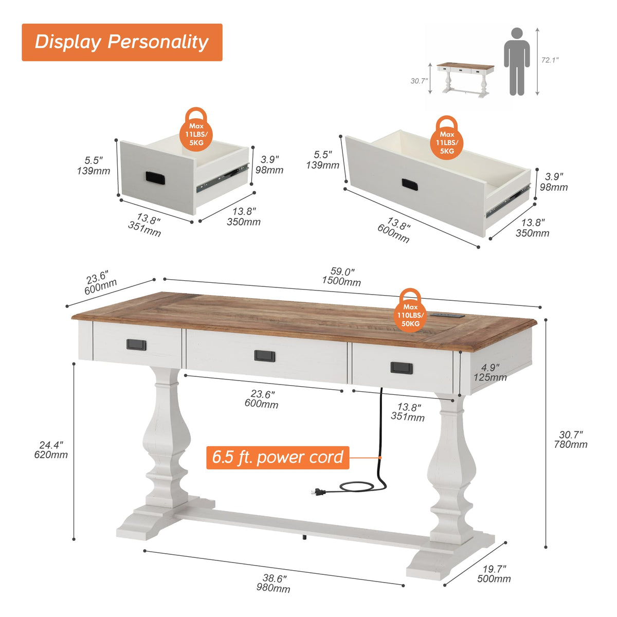 WAMPAT 60-inch Vintage Farmhouse Desk with Charging Station &3 Deep Drawers