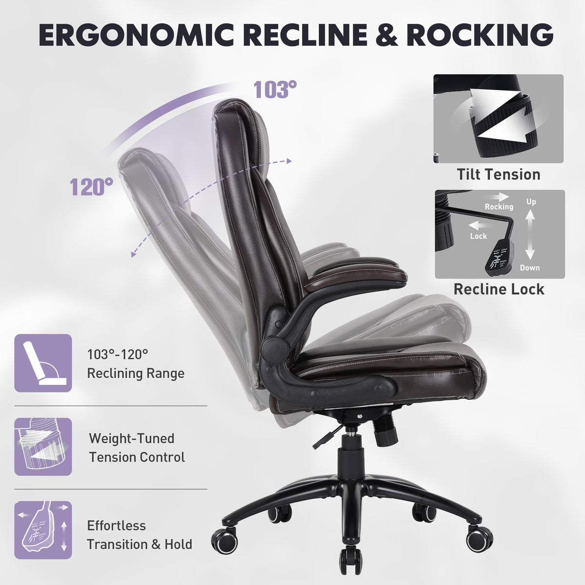 300lbs Capacity Executive Desk Chair with Ergonomic Lumbar Support, Flip-up Arms & High Back Leather Computer Chair for Home/Office, Black