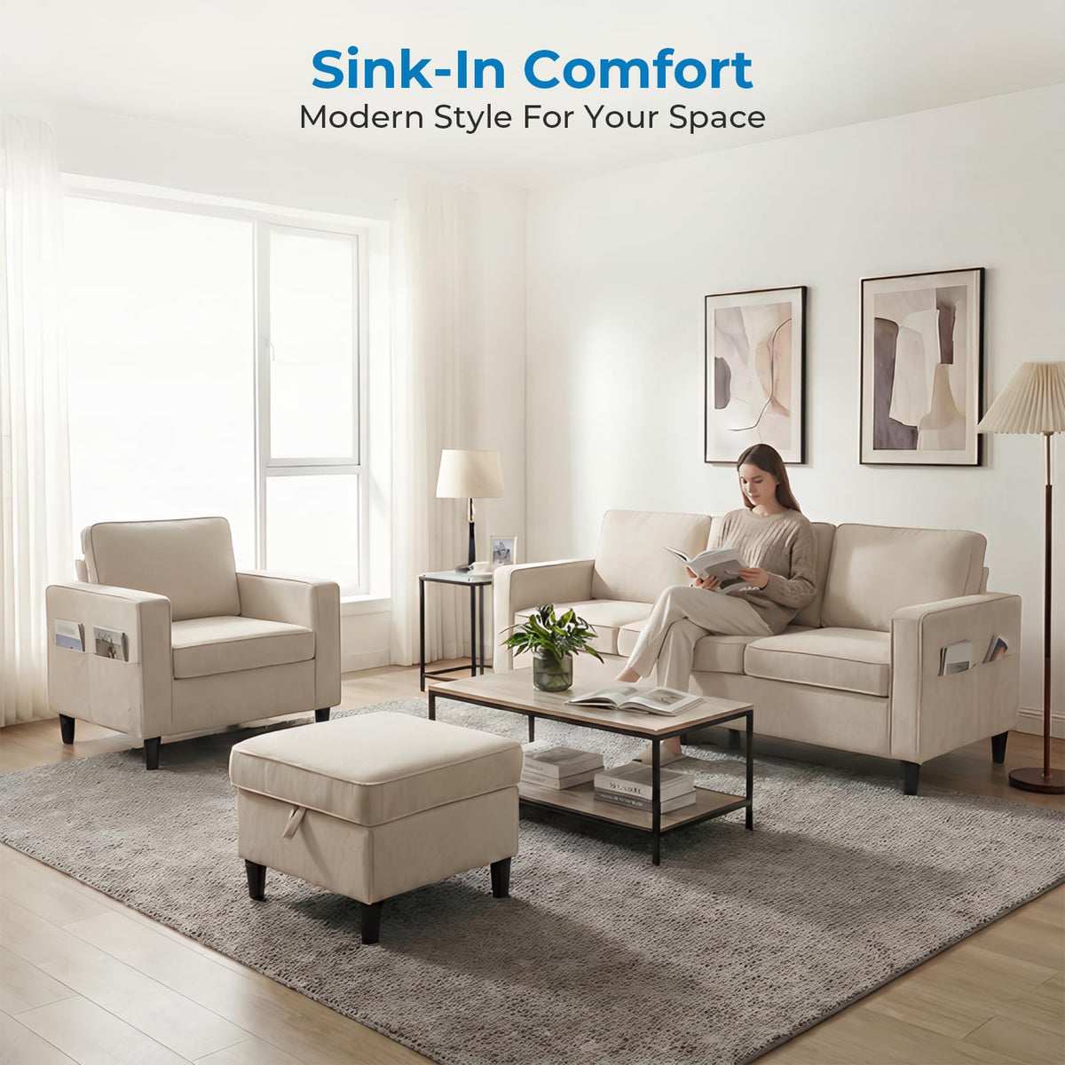 Mjkone 78"W 3 Pieces Sofa Couches Set for Living Room Sets Furniture, Sectional L Shaped 3-Seater Small Sofas Couch and Loveseat Sets with Storage Ottoman and Side Pockets for Home Office, Light Gray