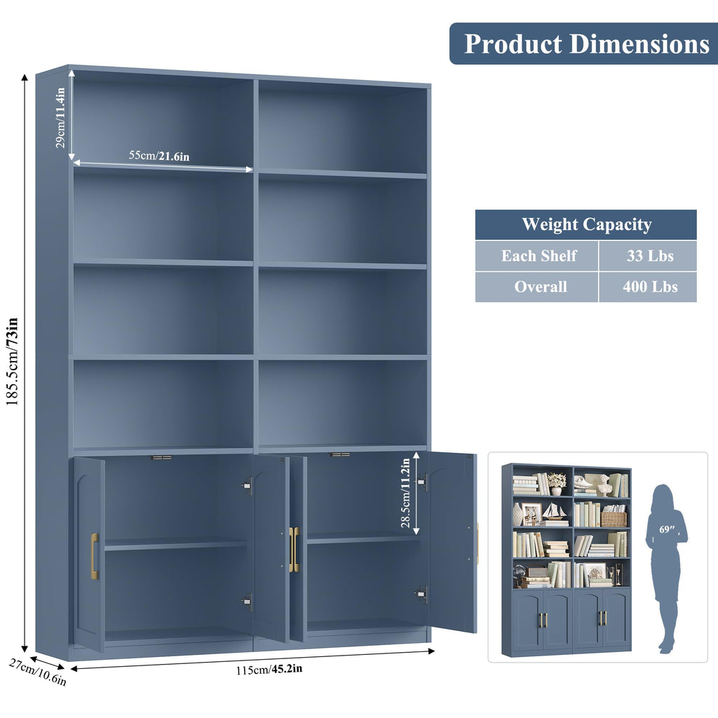 FACBOTALL Bookshelf and Bookcase with Doors, Double Wide Large Bookshelves