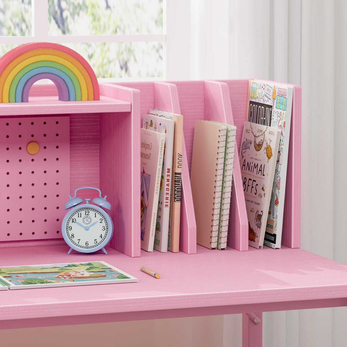BOLUO Kids Desk and Chair Set for 6-12 Year Old, Children Study Desk with Hutch and Pegboard, Student Writing Table with Storage Shelf for Girls Boys