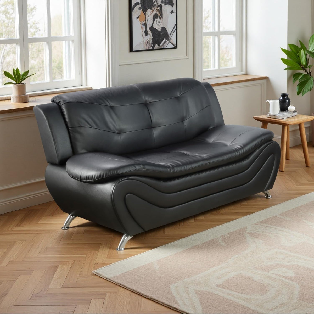 Leather Sectional Sofa Couches, Living Room Sofa and Loveseat Set, Faux Leather Couch and Loveseat Set for Office/Bedroom/Apartment, Cream