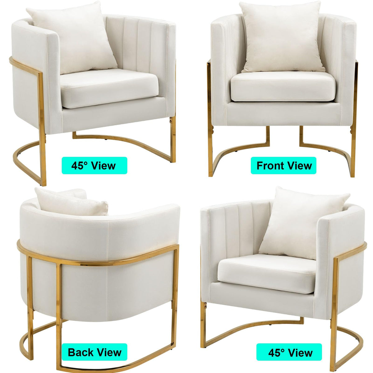 Velvet Accent Barrel Chairs Set of 2, Modern Arm Club Chair Set with Pillow for Living Room/Bedroom/Guest Reception, Channel Tufted, Gold Finish Base, Orange