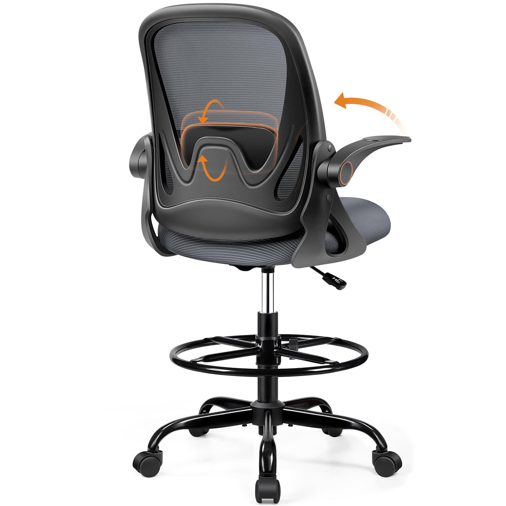 Drafting Chair Tall Office Chair with Flip-up Armrests, Adjustable Height, and Enhanced Lumbar Support - Ergonomic Rolling Stool, Back Support, and Adjustable Foot Rest Ring for Standing Desk White