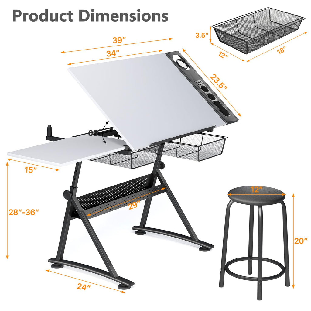 OS MOTOR Adjustable Height Drafting Table with Wood Top, Art Craft Desk with Slide-Out Drawers, Storage, for Drawing, Writing, Painting, and Creative Tasks, Ideal for Home Office, Natural