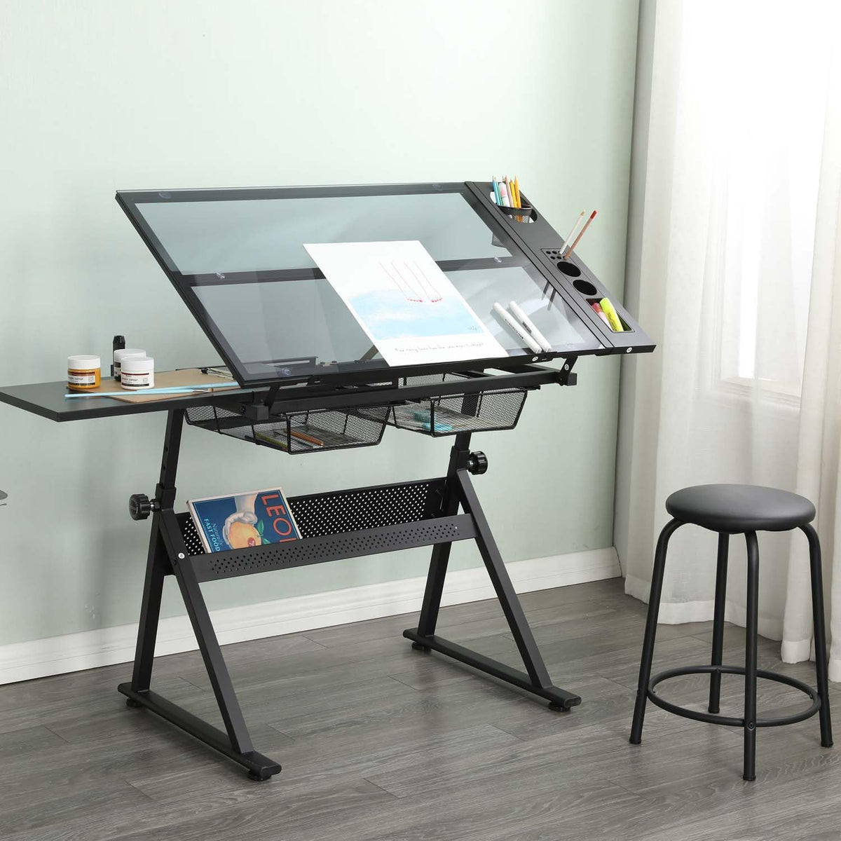 Drafting Table with Storage and Stool, Glass Art Desk for Adults Adjustable Height with 2 Metal Drawers, Craft Drawing Table Artist Desk with Extra Desktop for Reading/Writing/Studying (Black)