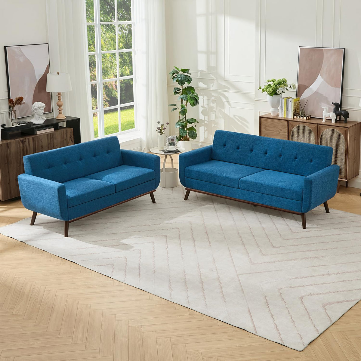 Kingfun 2 Piece Loveseat and Sofa Sets, Mid Century Modern Love Seat Couches for Living Room, Button Tufted Upholstered Furniture, Small Couch for Bedroom, Office, Beige