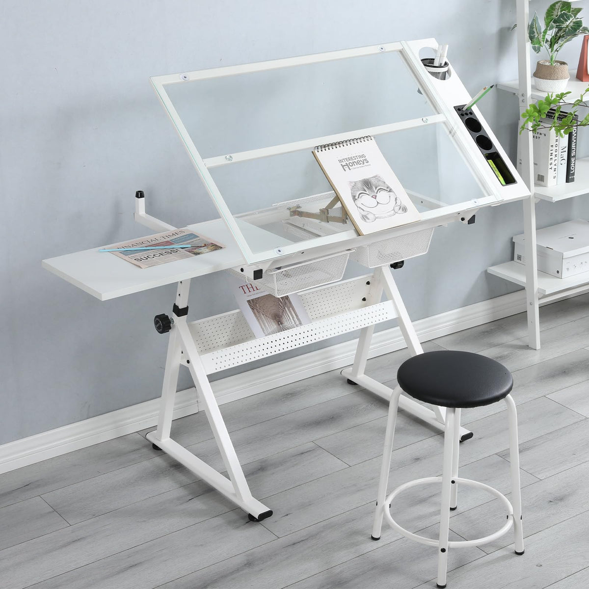 Drafting Table and Stool Set for Adults/Artists, Drawing Table with Adjustable Tabletop and Height, Art Workstation for Painters Crafting Reading Writing Home Office, All White