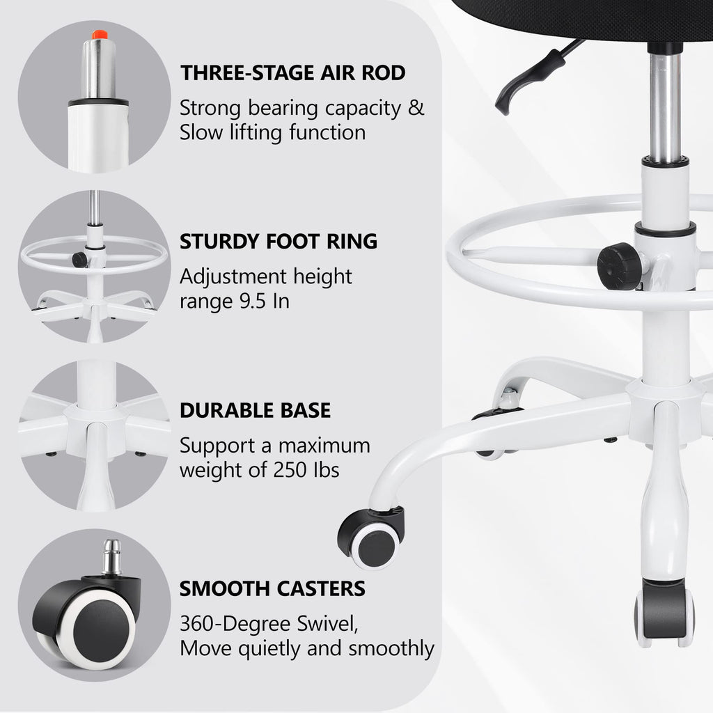 Primy Tall Drafting Desk Chair - Armless, Adjustable Height, Mesh Back, Rolling, Standing Desk Chair for Art Room, Office or Home (Black)