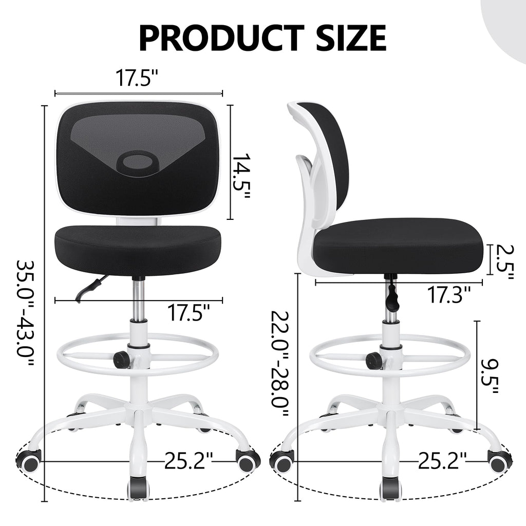Primy Tall Drafting Desk Chair - Armless, Adjustable Height, Mesh Back, Rolling, Standing Desk Chair for Art Room, Office or Home (Black)