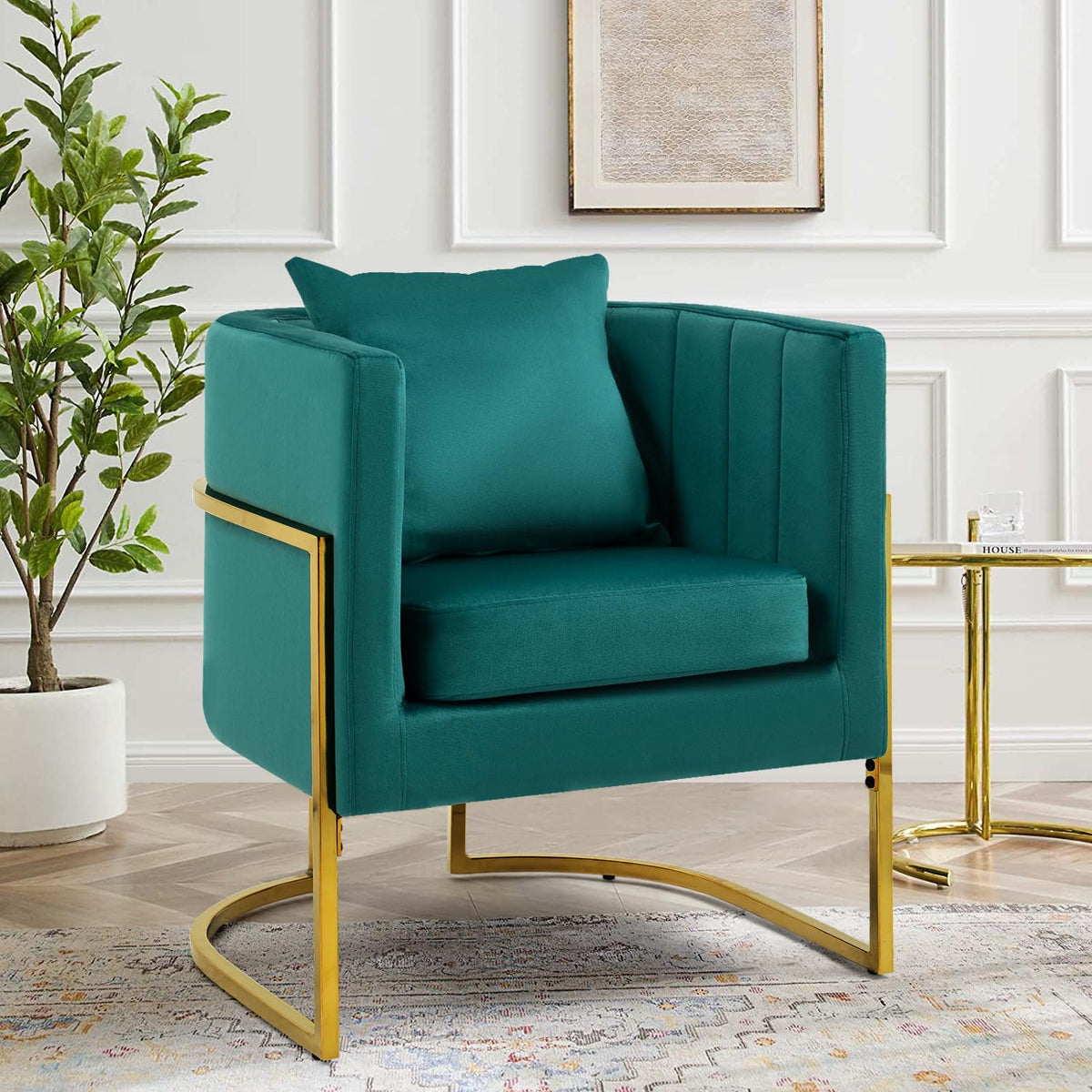 Velvet Accent Barrel Chairs Set of 2, Modern Arm Club Chair Set with Pillow for Living Room/Bedroom/Guest Reception, Channel Tufted, Gold Finish Base, Orange