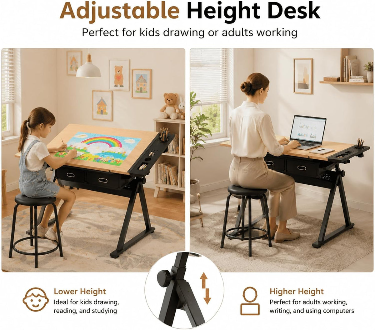 Adjustable Drafting Table with Stool, Tilt-Top Drawing Desk with 2 Drawers