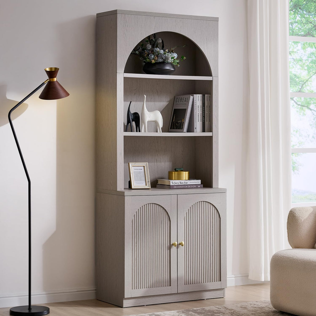 77.6" Tall Arched Bookshelf, Wood Bookcase w/Fluted Arched Door, Light Grey