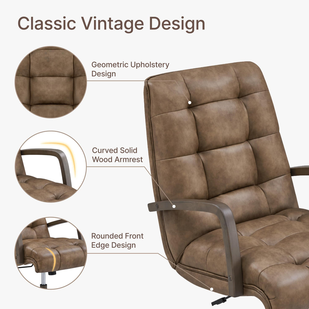KISLOT Home Office Desk Chair, Ergonomic Office Chair with Lumbar Support, Adjustable Swivel Computer Chair with Wheels, Faux Leather Executive Task Chair with Wood Arms, Set of 2, Brown