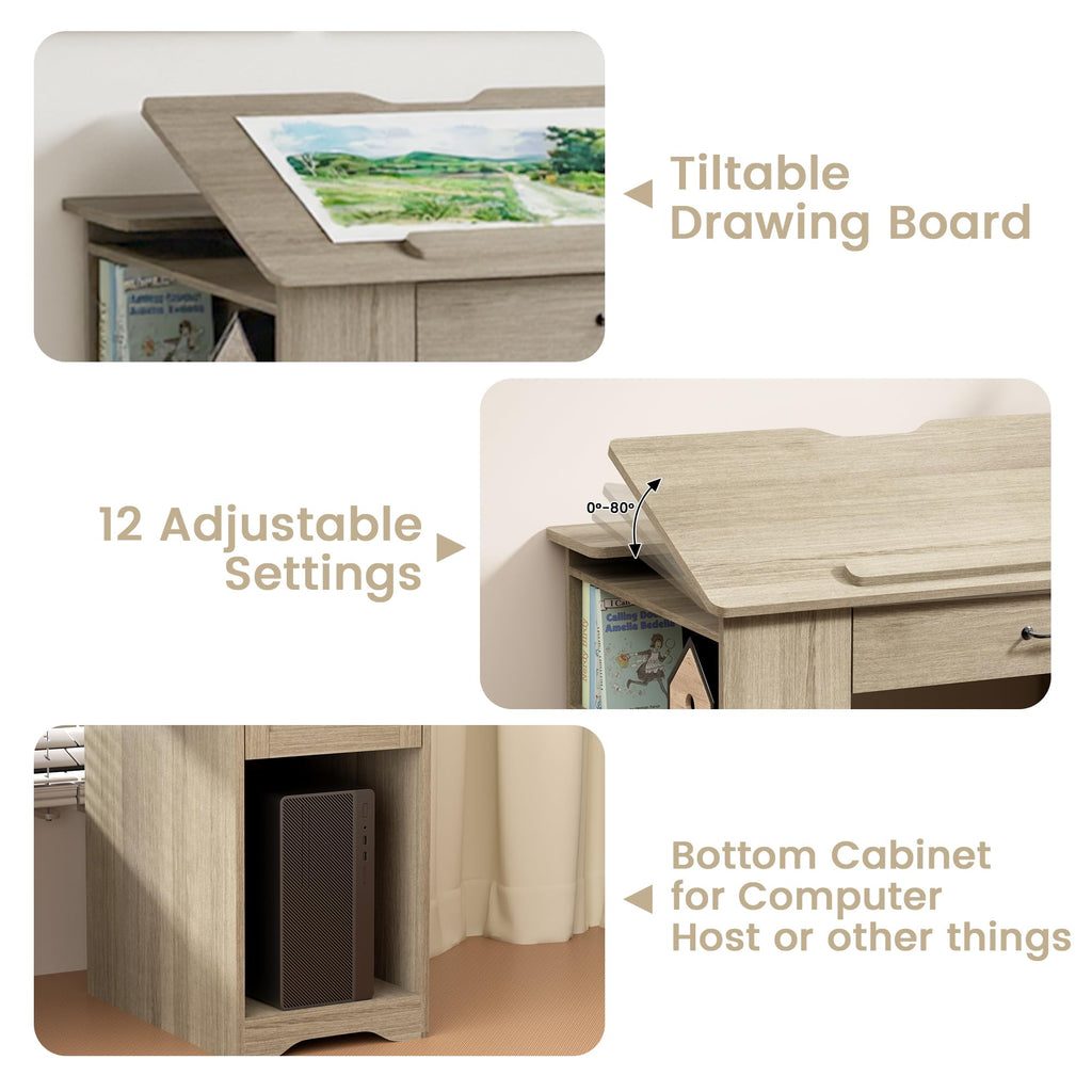 Drafting Table with Storage Cabinet & Drawers, Adjustable Drawing Desk with Open Shelves, Craft Table Painting Desk for Artists, Painters, Drawing, Crafting, Reading, Writing, Working