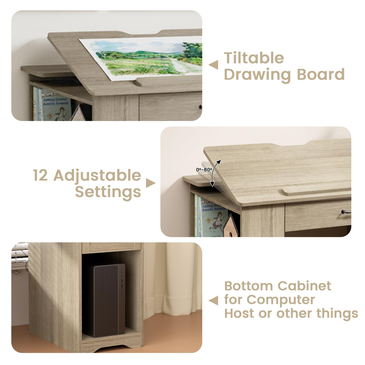 Drafting Table with Storage Cabinet & Drawers, Adjustable Drawing Table with Open Shelves, Craft Art Desk for Artists, Painters, Drawing, Crafting, Reading, Writing, Working