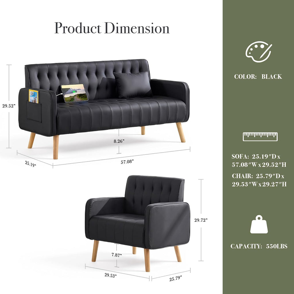 57â Small Faux Leather Loveseat Couch and Accent Chair Set of 2 (3, Black)