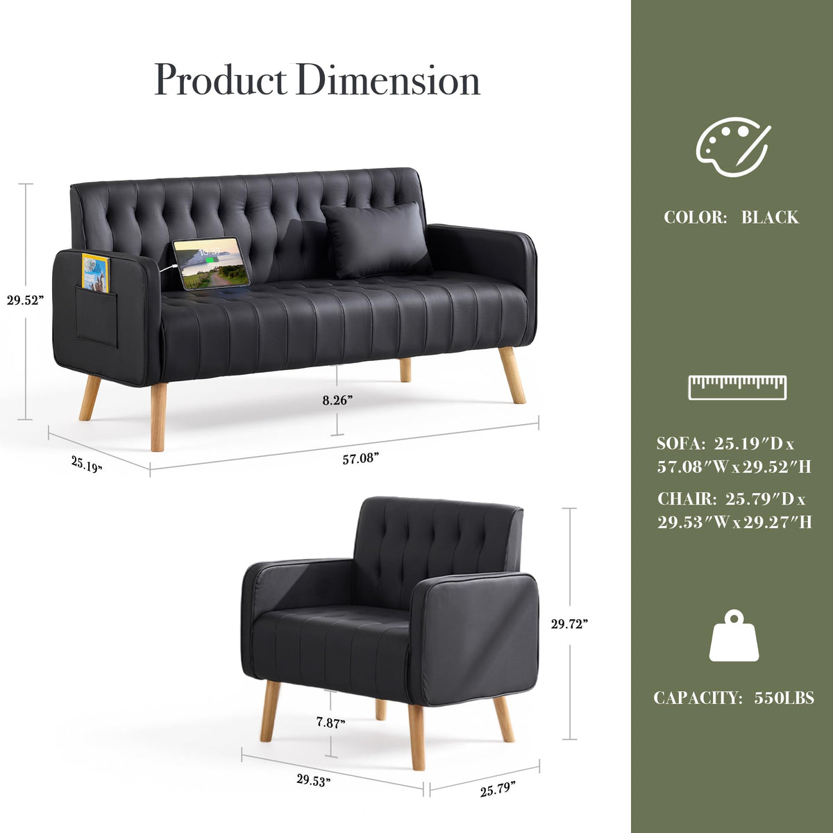 57â Small Faux Leather Loveseat Couch and Accent Chair Set of 2 (3, Black)
