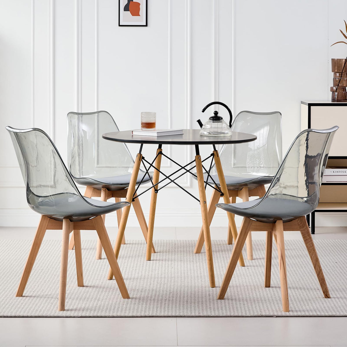 5-Piece Round Dining Set, 35.5" Black Table & Light Gray Chair