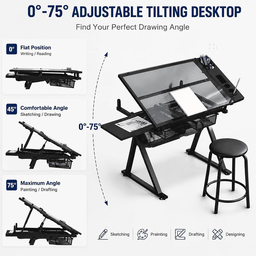 Adjustable Drafting Table with Chair, Tilting Tempered Glass Desk