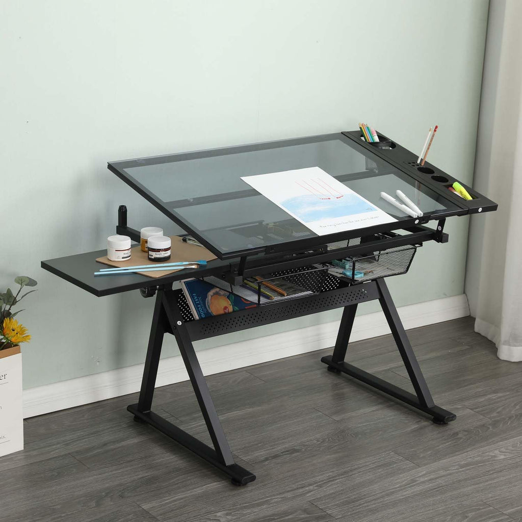 Drafting Table with Storage and Stool, Glass Art Desk for Adults Adjustable Height with 2 Metal Drawers, Craft Drawing Table Artist Desk with Extra Desktop for Reading/Writing/Studying (Black)