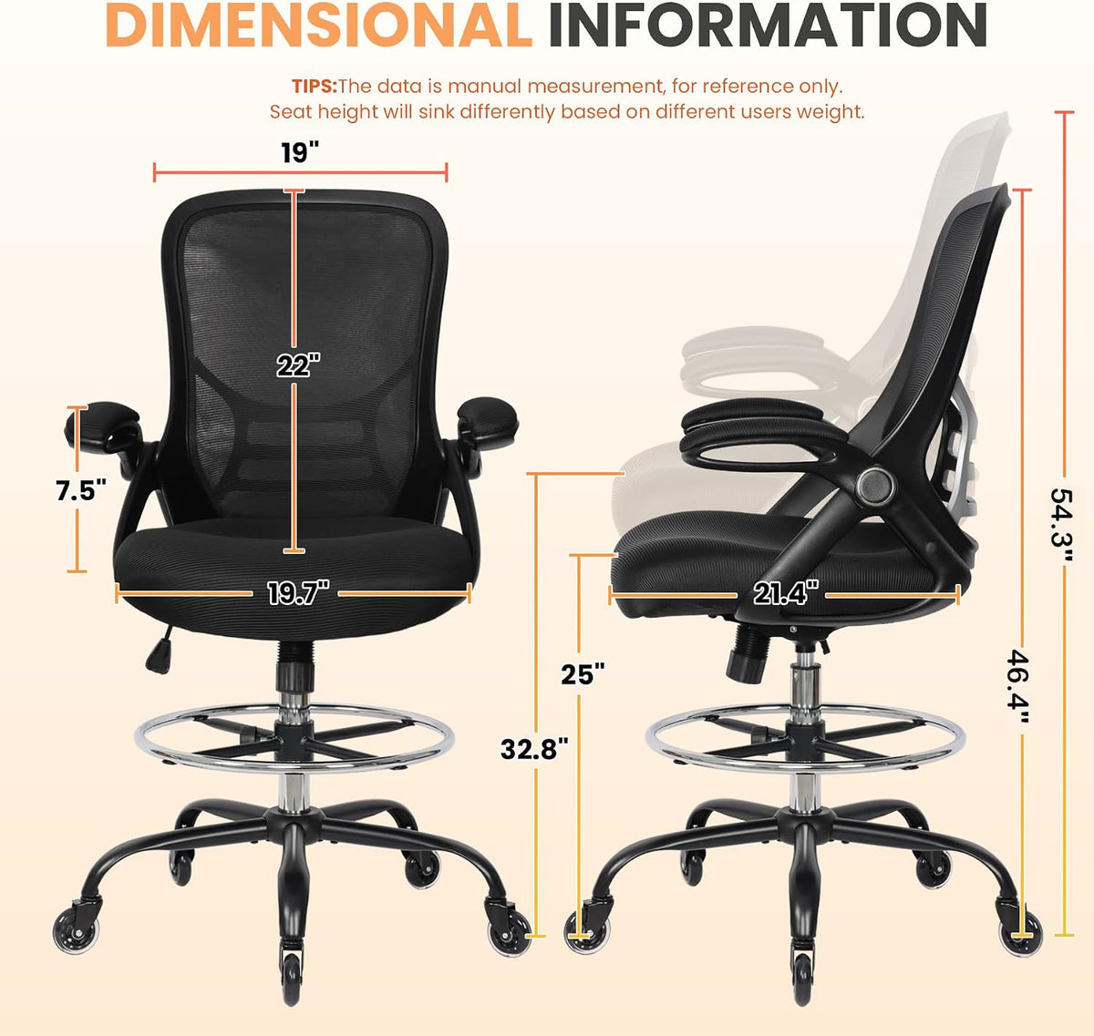 HYLONE Drafting Chair Adjustable, Tall Office Chair Lumbar Support Ergonomic Standing Desk Chair Heavy Duty Tall Drafting Stool for Artists with Footrest Home Office Drafting Stool