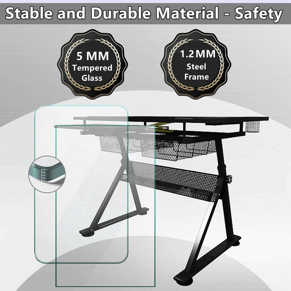 Drafting Table for Artists, Glass Drawing Table with Stool,T1-Black