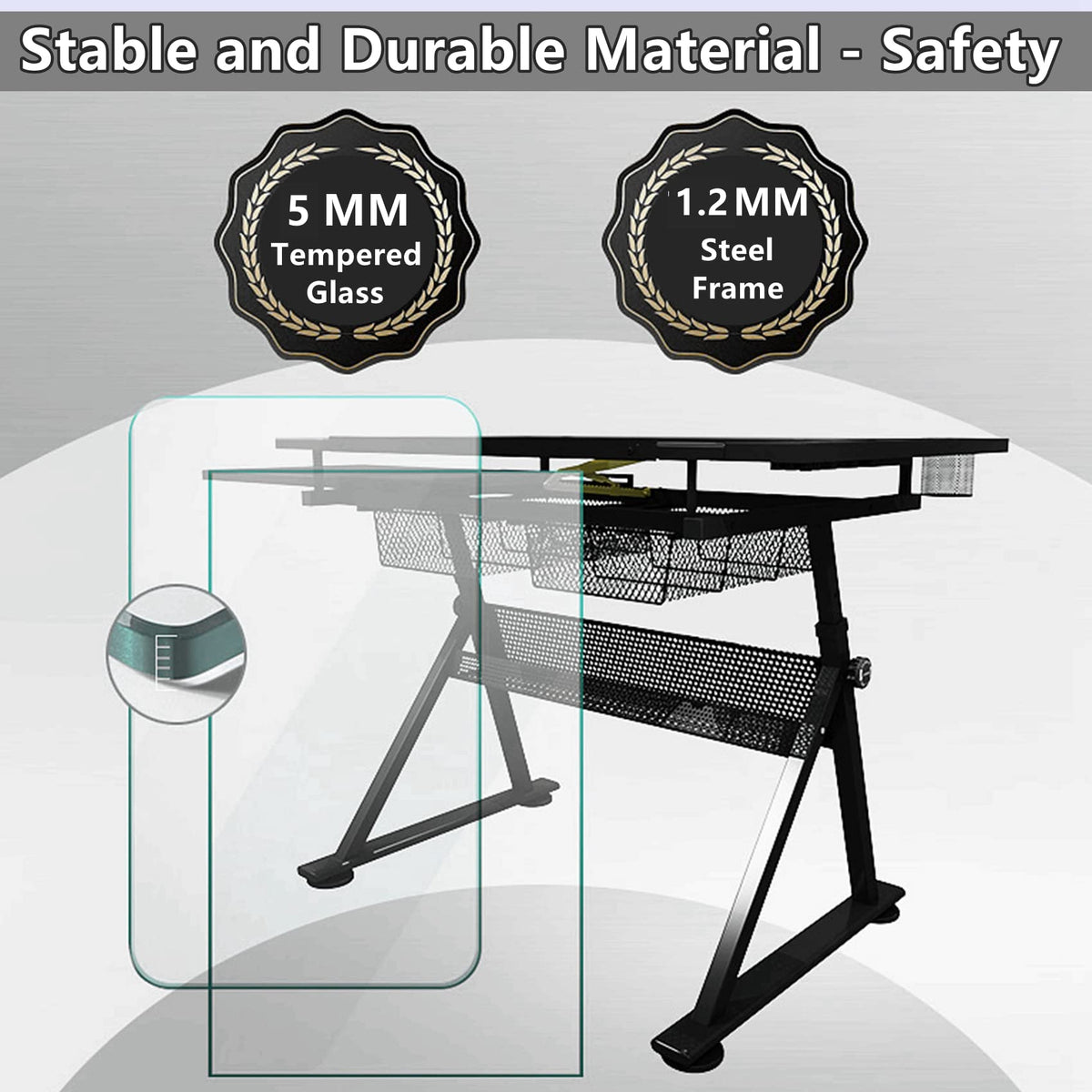 Drafting Table for Artists, Glass Drawing Table with Stool,T1-Black
