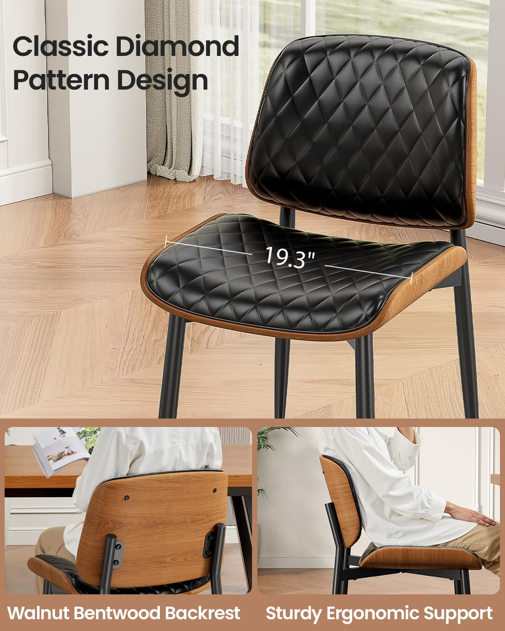 REONEY Dining Chairs Set of 4, Mid-Century Modern Kitchen Chairs, Black