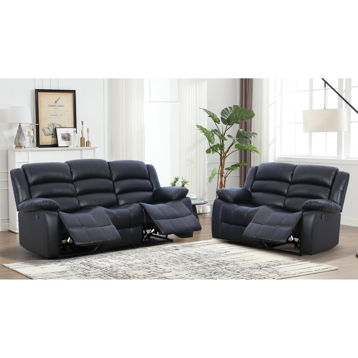 EBELLO Manual Faux Leather Reclining Couch Set for Living Room, Include 1 Recliner Chair, 1 Loveseat Sofa, Recliner Sofa Furniture Set for Home and Office, Black