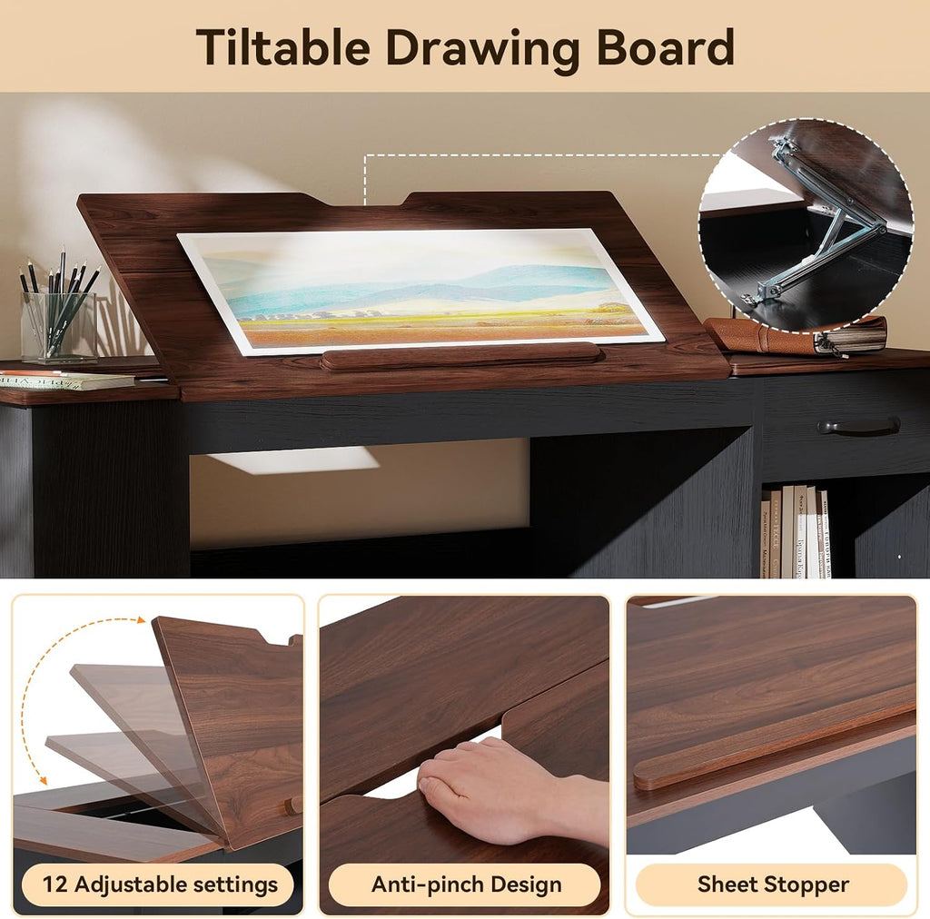Verano Garden 55.1" Drafting Table, Craft Art Table, Computer Desk, Black