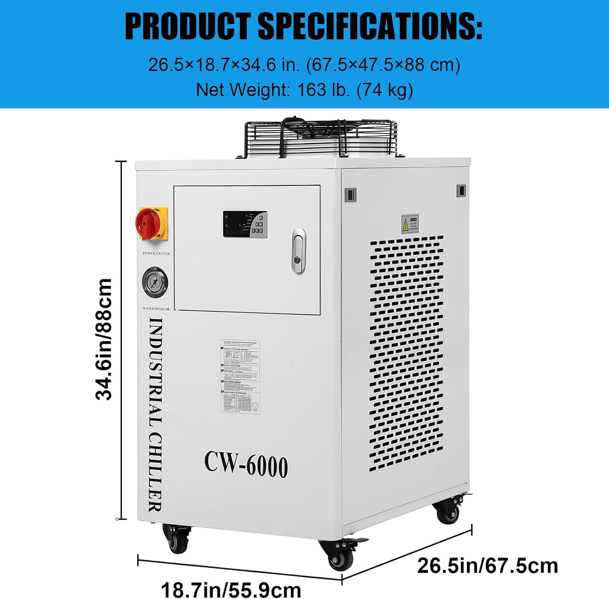 15L Industrial Water Chiller CW-6000 with Advanced Dual-Port Cooling System, High-Flow 0.73HP Pump, Precision Dual-Mode Temperature Control, for 60W-150W CO2 Laser Engraving & Cutting Machines