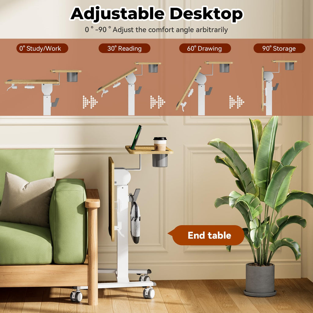 28" Mobile Standing Desk, Tiltable Top with 2-Tier Shelves, White