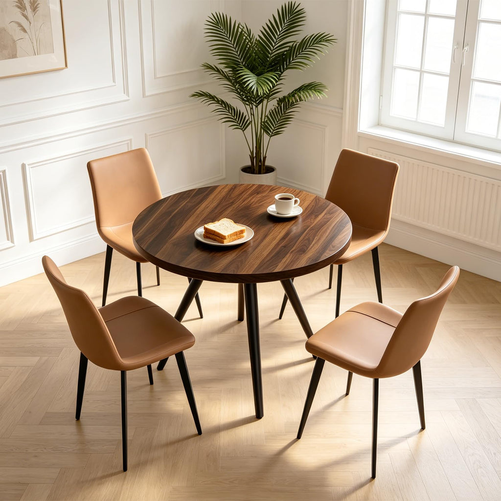 34.6" Round Dining Table Set for 4, Modern Kitchen Coffee Table Set, Walnut