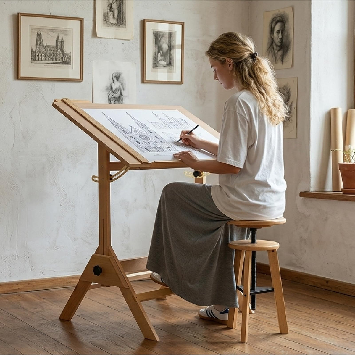 MEEDEN Wood Drafting Table & Stool: 35.5" x 23.5" Art Desk and Stool Set