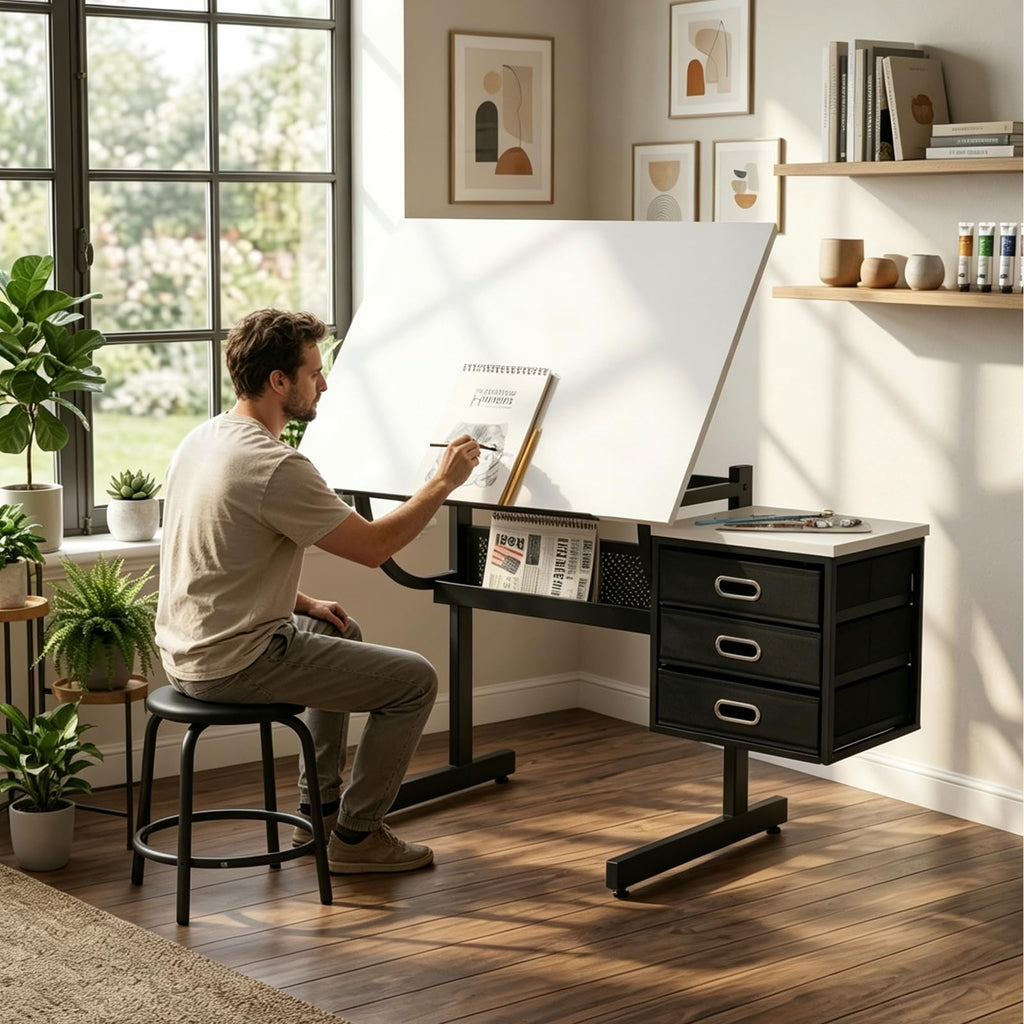 Drafting Table, Height Adjustable Art Table with Stool,T1-All White