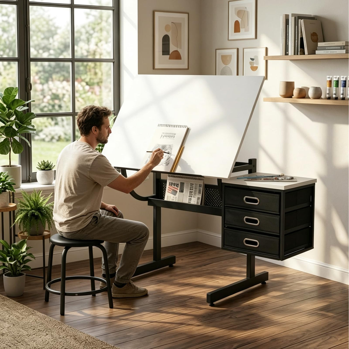 Drafting Table, Height Adjustable Art Table with Stool,T1-All White