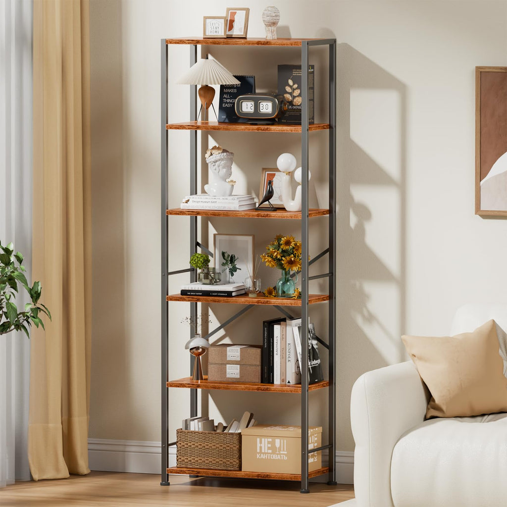 Furologee 5 Tier Book Shelf Set of 2, Tall Wide Bookshelf, Rustic Brown