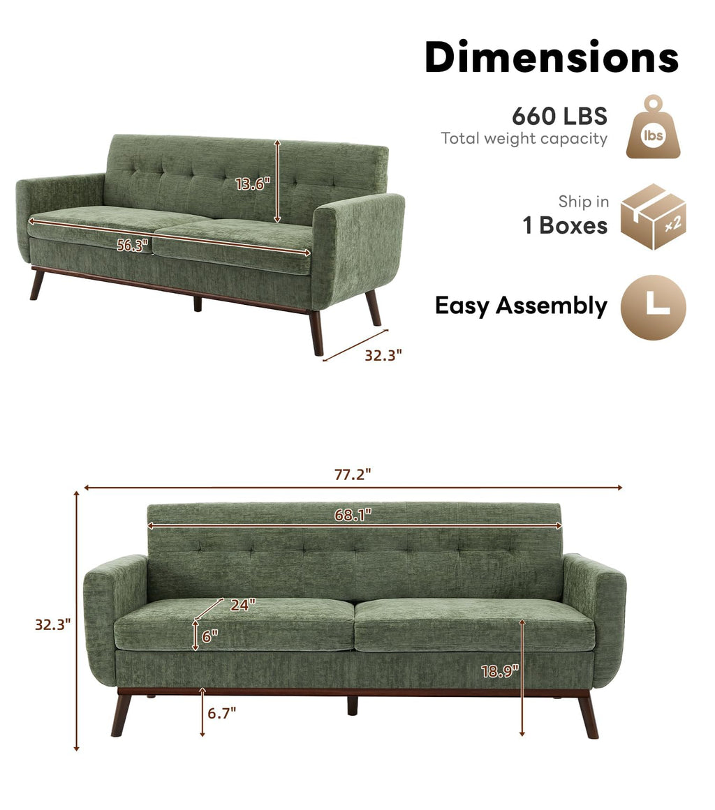 Kingfun 2 Piece Loveseat and Sofa Sets, Mid Century Modern Love Seat Couches for Living Room, Button Tufted Upholstered Furniture, Small Couch for Bedroom, Office, Beige