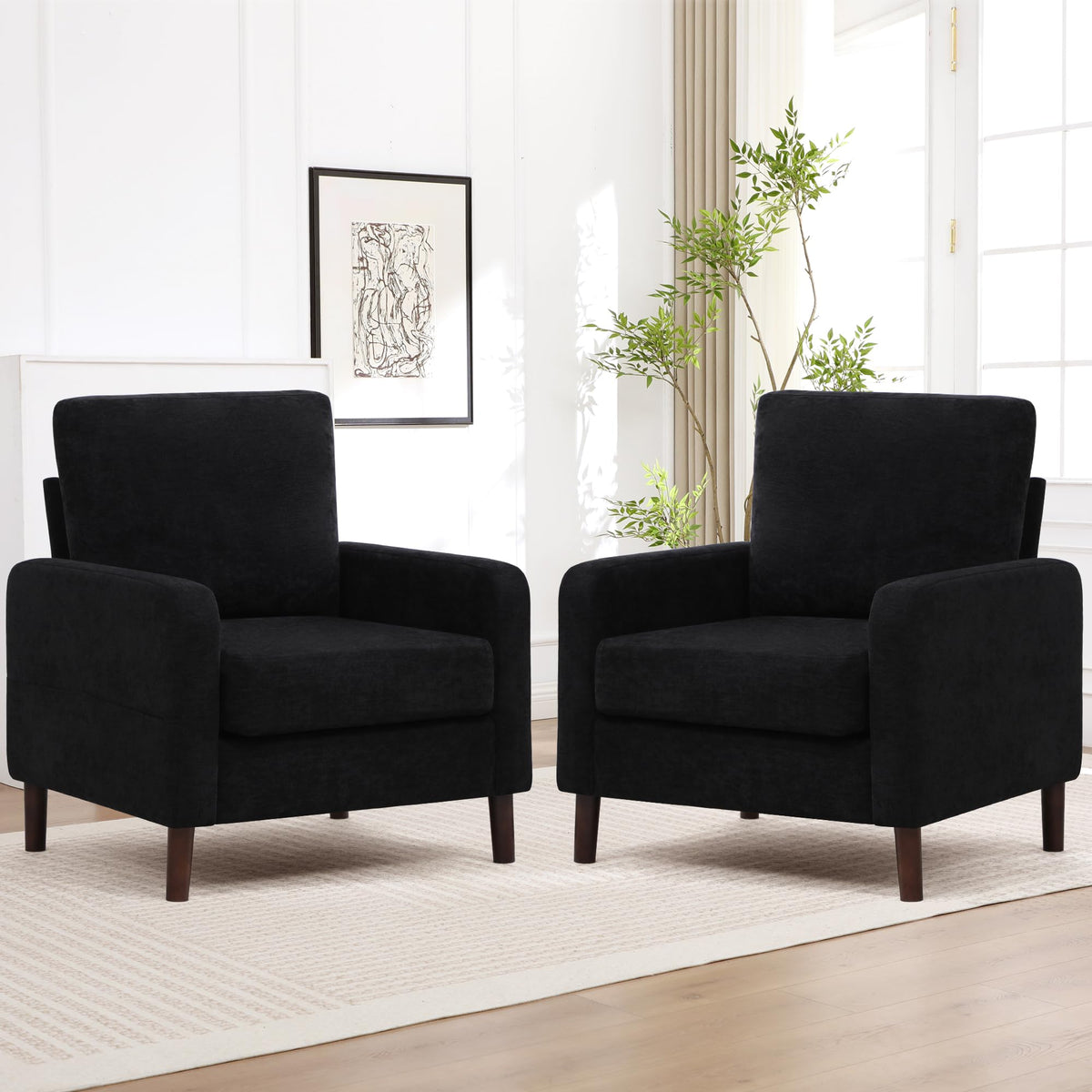 Accent Chair Set of 2, Upholstered Living Room Chairs with Wood Legs and Side Pockets, Modern Reading Chair for Bedroom, Armchair Single Sofa Side Chair for Office, Small Room, Dark Grey