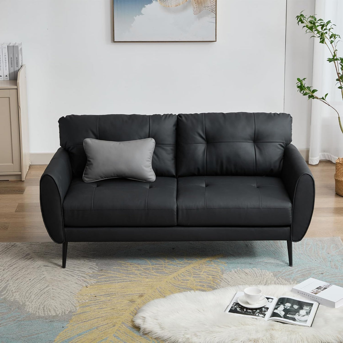 TYBOATLE 2 Piece Furniture Sets, Small Loveseat for Living Room, White Faux Leather Couch Mid Century Modern Tufted Mini Sofa Comfy Office 2 Seat Love Seat for Small Spaces Bedroom