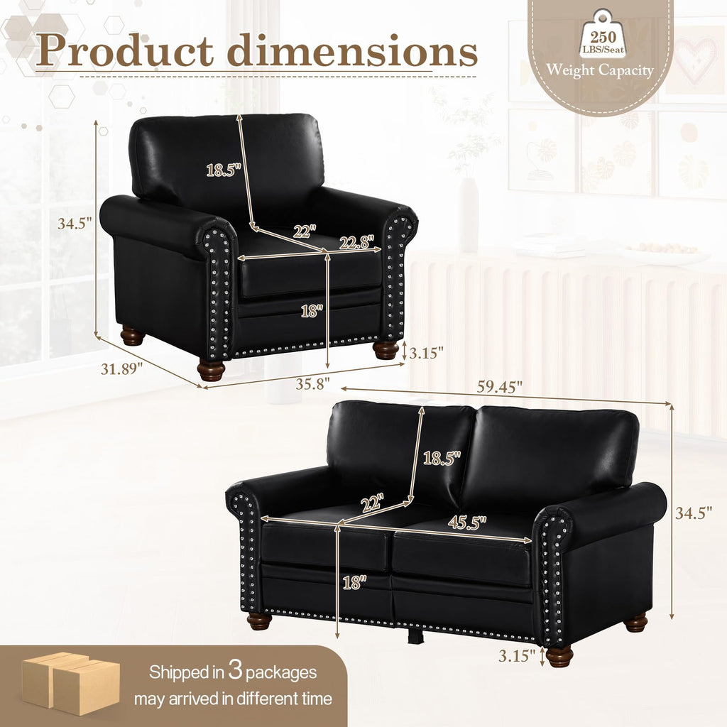 2 Piece Couch Sets for Living Room,Mid Century Modern Couch with Storage Nailhead Trim & Rolled Armrests,Deep Seat Comfy Couch,Furniture Set for Living Room,Bedroom,Office(Navy Blue,Loveseat+3 Seater)