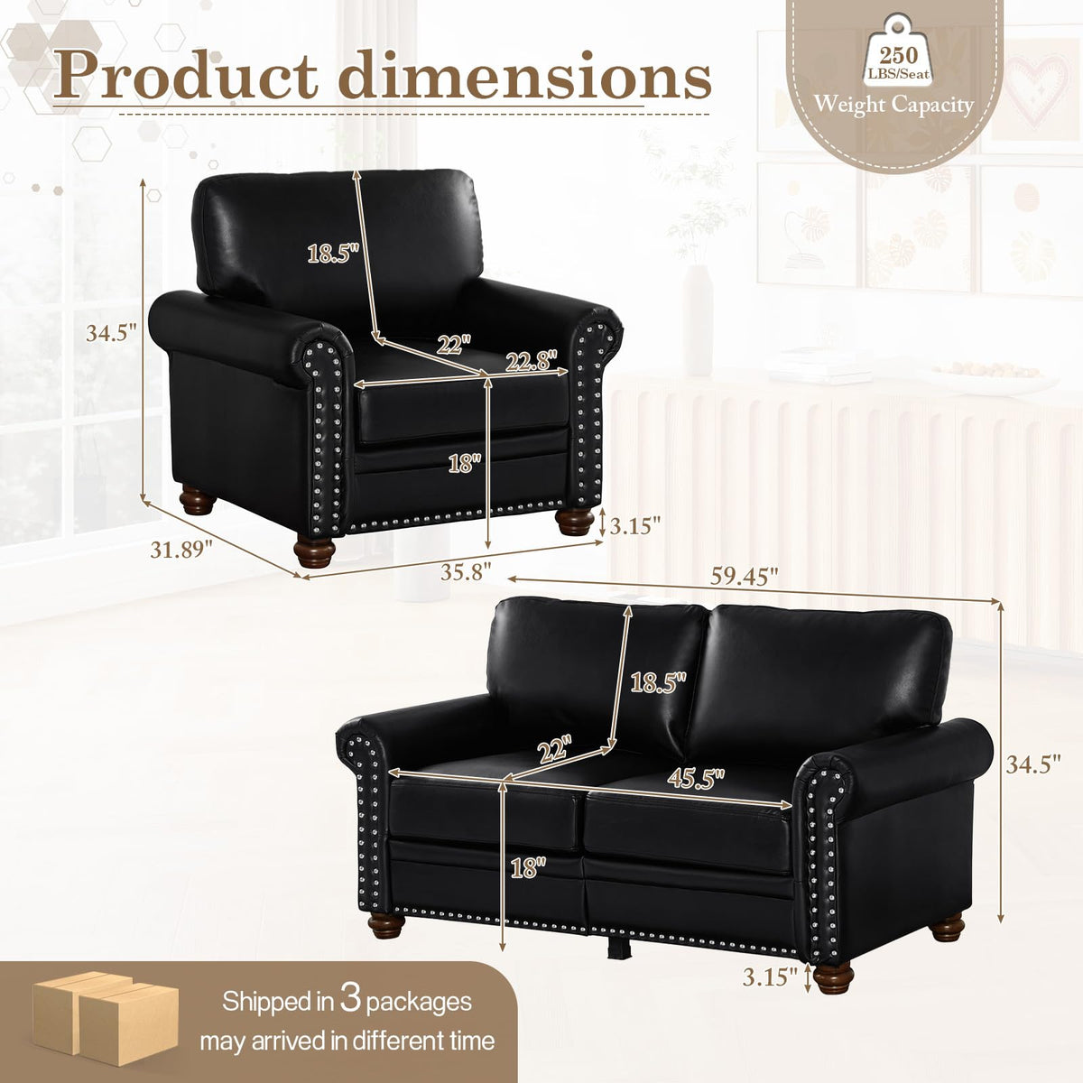 2 Piece Couch Sets for Living Room,Mid Century Modern Couch with Storage Nailhead Trim & Rolled Armrests,Deep Seat Comfy Couch,Furniture Set for Living Room,Bedroom,Office(Navy Blue,Loveseat+3 Seater)