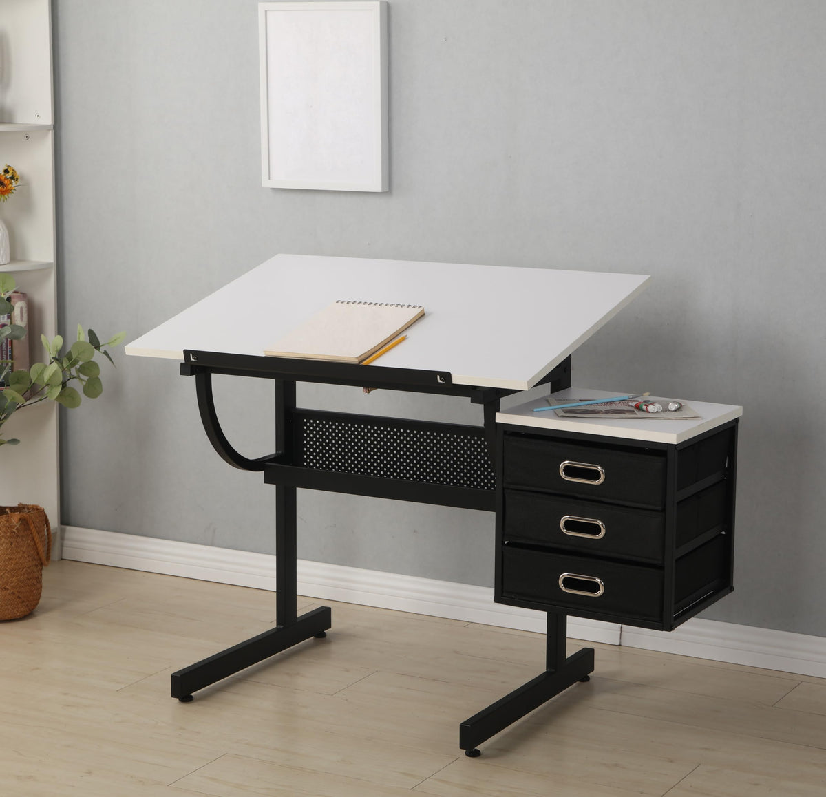 Adjustable Drafting Table with Stool, 0-75Â° Tilting Art Desk, White