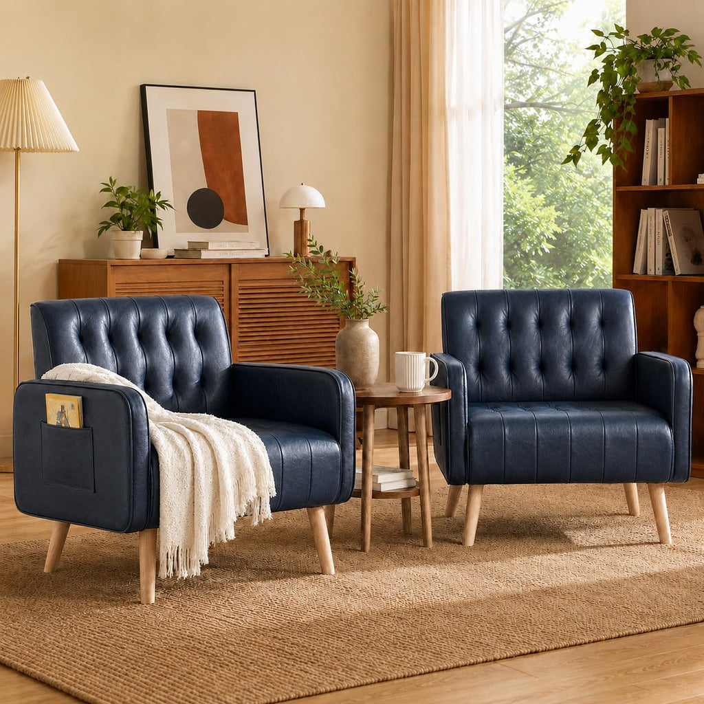 Leather Accent Chair Set of 2, Living Room Chair with Wooden Legs (Black)