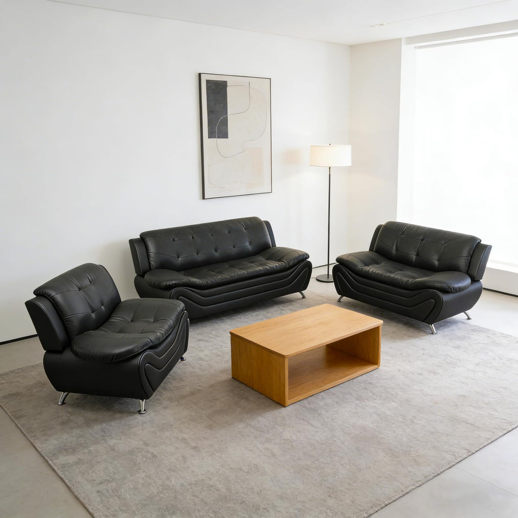 Modern Leather Sofa Set, Living Room Furniture, 3 - Piece Couch Set, Faux Leather Couch Loveseat Chair Set with Sturdy Legs for Living Room/Bedroom/Office,Black
