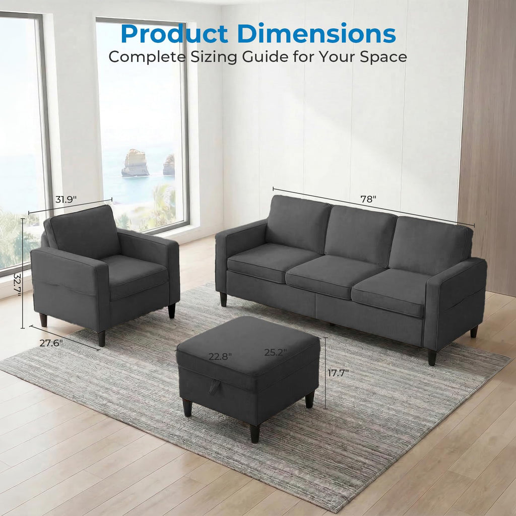 Mjkone 78"W 3 Pieces Sofa Couches Set for Living Room Sets Furniture, Sectional L Shaped 3-Seater Small Sofas Couch and Loveseat Sets with Storage Ottoman and Side Pockets for Home Office, Light Gray
